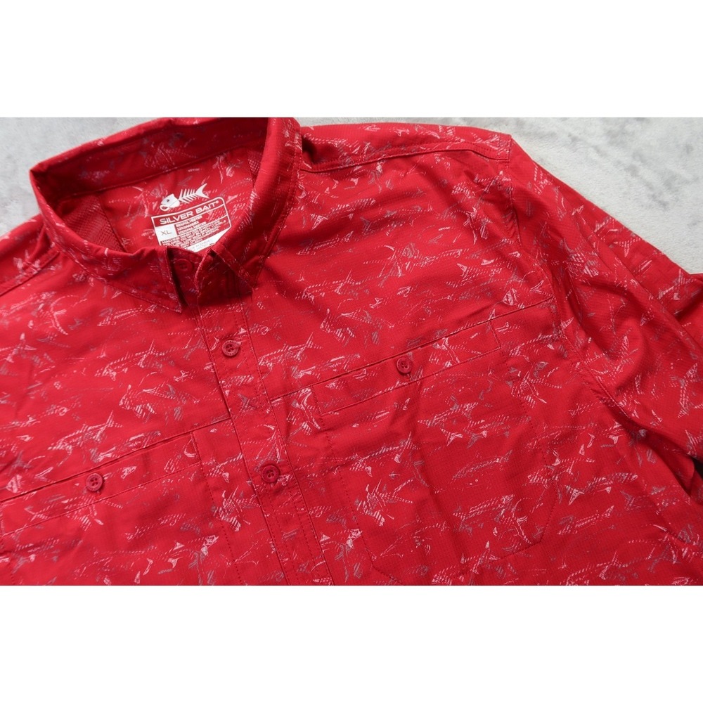 Silver Bait Mens XL Fishing Shirt Red Fish Skeleton Print Vented Button Up NEW